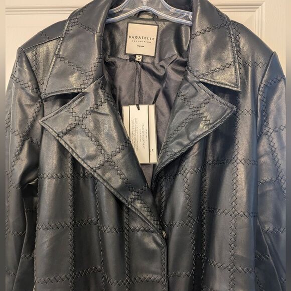 New Bagatelle Faux buttery soft patch black Leather belted Long Trench Coat Sz M - Picture 9 of 16